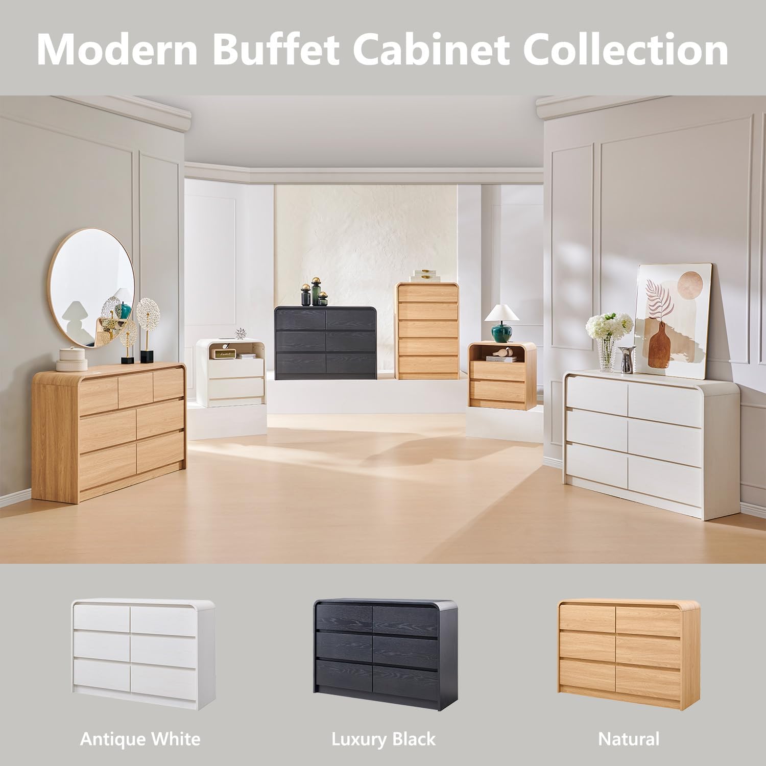Aitjunz Modern Sideboard Buffet Cabinet with 6 Storage Drawers, 47" Wide Large Kitchen Buffet Cabinet w/Curved Profile Design, 33.8'' Tall Wood Coffee Bar Table for Dining Room, Antique White