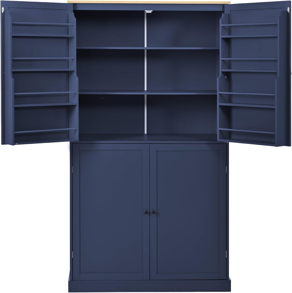 Tall Kitchen Pantry with 2 Drawers, 2 Adjustable Shelves and 8 Door Shelves, Freestanding Large Cupboard Storage Cabinet for Dining Room (Blue)