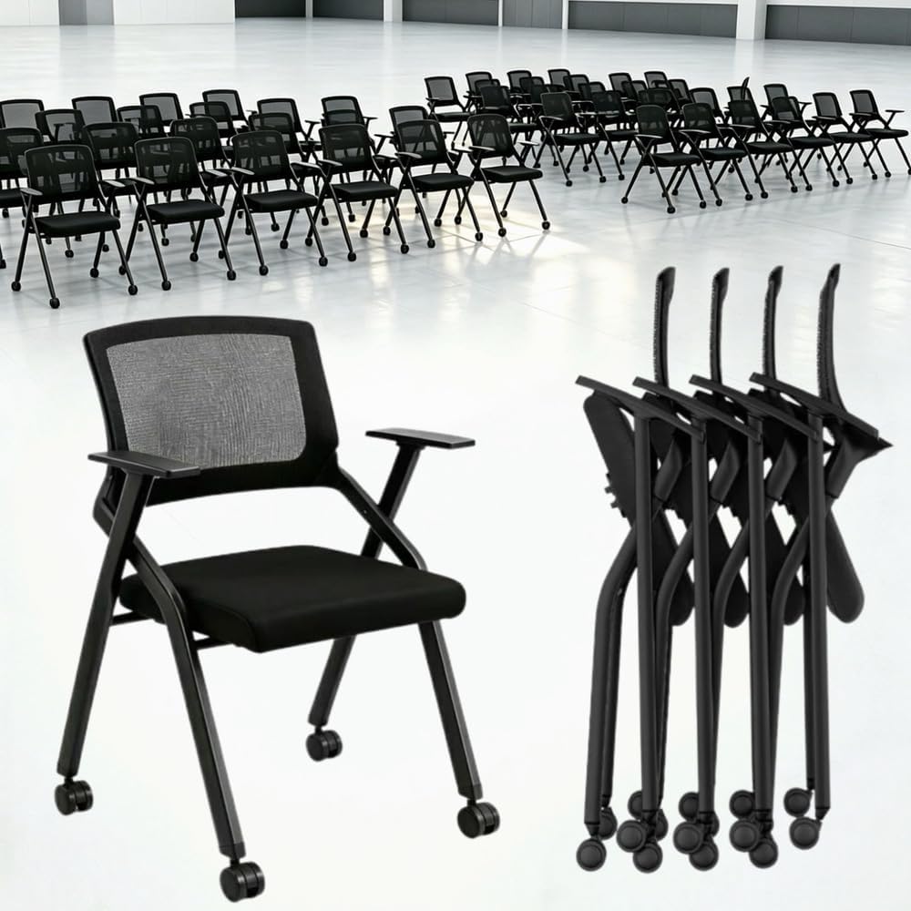 8 Pack Folding Office Chair with Wheels, Heavy Duty Mesh Back Nesting Conference Meeting Chair with Arms, Rolling Space-Saving Seating for Training Room, Home Office, Guest Reception & Waiting Area