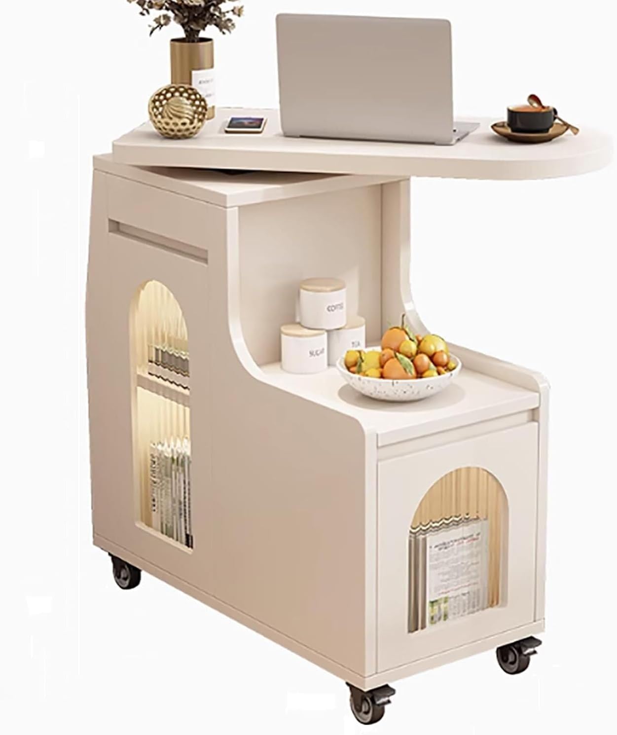 Space-Saving Swivel Trays Timber End Side Table with Storage Cabinet for Living Room and Bedroom