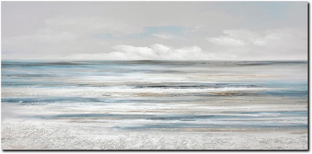 TRAIN2 ART Abstract Wall Art Modern Coastal Wall Decor Textured Blue and White Sea Background Canvas Wall Art for Living Room Bedroom Kitchen Office 28"x57"