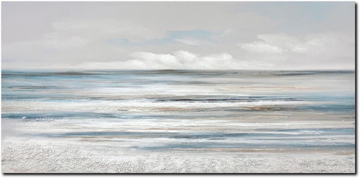TRAIN2 ART Abstract Wall Art Modern Coastal Wall Decor Textured Blue and White Sea Background Canvas Wall Art for Living Room Bedroom Kitchen Office 28"x57"