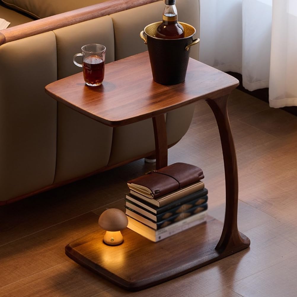 Solid Wood Side Table with Sturdy Base, C Shaped End Table for Couch,Couch Tables That Slide Under,2 Tier End Tables for Small Spaces, Living Room, Bedroom
