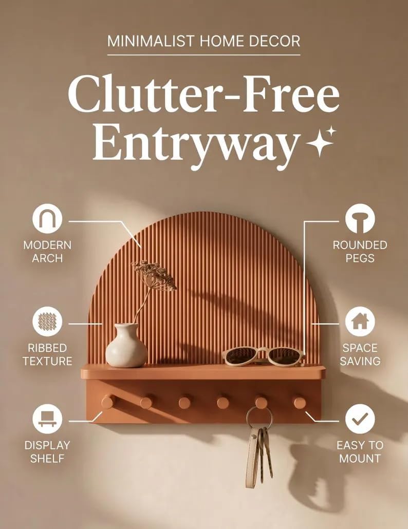 Modern Half-Moon Wall Shelf with Hooks, Terracotta Ribbed Decorative Storage Shelf, 6-Hook Entryway Organizer for Keys Sunglasses Small Plants, Floating Wall Mounted Shelf for Bedroom Living Room