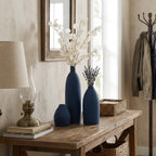 Blue Vase Set of 3, Navy Blue vase Trio Ceramic Bud Vases, Watertight Blue Ceramic vase Set with Non Slip Pads, Small Medium Tall Vases for Shelf Decor, Centerpieces