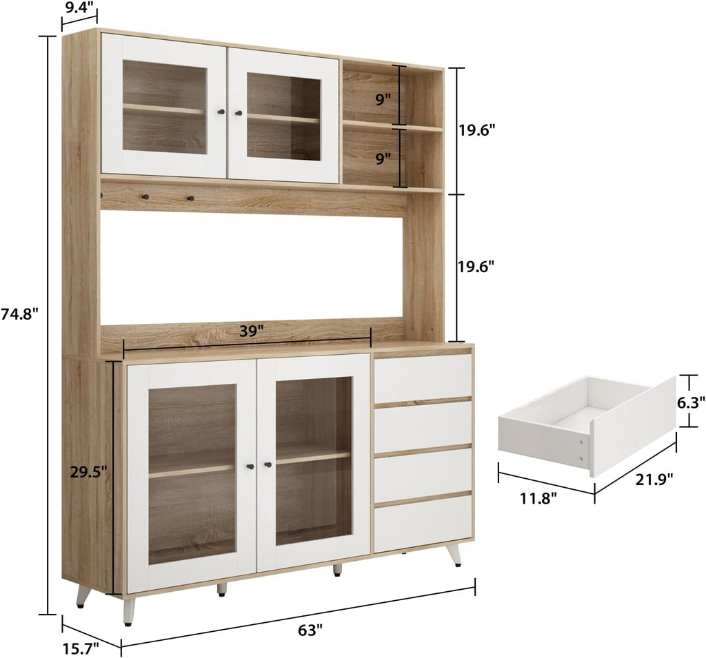 74.8" H Kitchen Pantry with Hutch, Microwave Stand & Hooks, Modern Large Cupboard Storage Cabinet with Glass Doors, 6 Shelves & 4 Drawers for Kitchen Dining Room, White & Brown