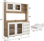 74.8" H Kitchen Pantry with Hutch, Microwave Stand & Hooks, Modern Large Cupboard Storage Cabinet with Glass Doors, 6 Shelves & 4 Drawers for Kitchen Dining Room, White & Brown