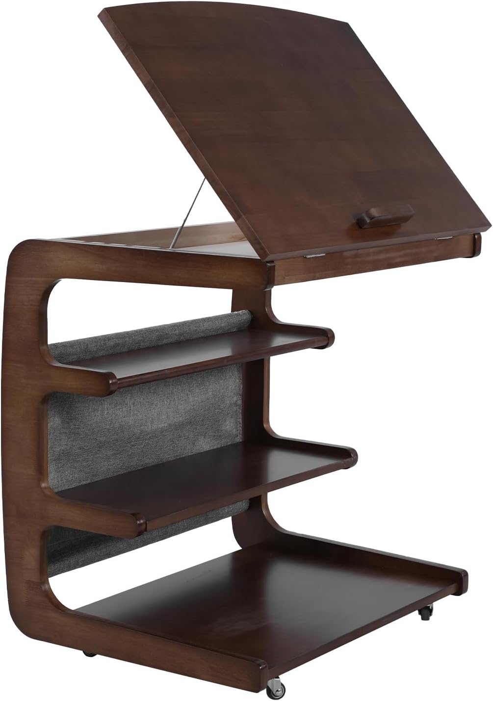 Wooden C-Shaped End Table with 2 Lockable Wheels 4-Tier Small Side Table with Storage Bag Adjustable Desktop 360 Degree Swivel TV Tray for Living Room Bedroom Use