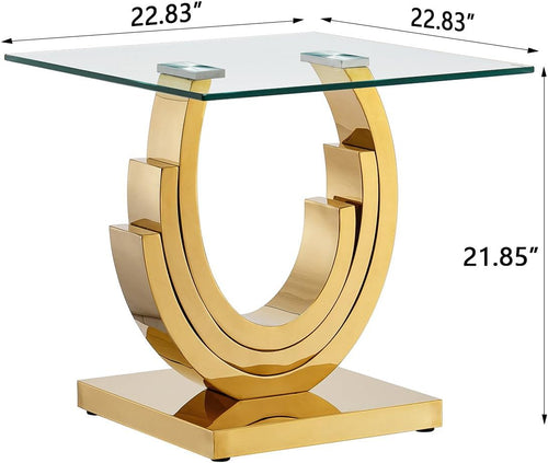 1 Piece Living Room End Table Luxury Glass Side Table, Elegant Gold End Table with Three Ring-Shape Stainless Steel Pedestal Base for Living Room Bedroom Office(1 End Table)