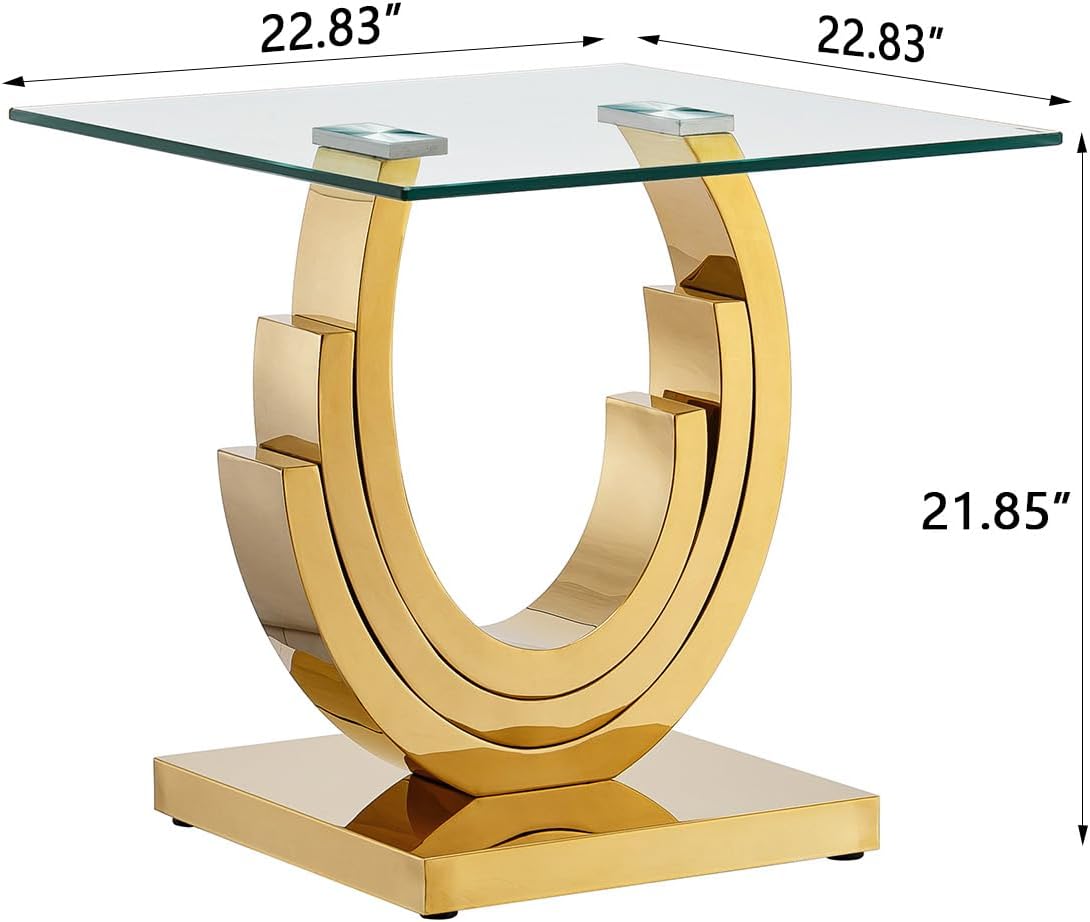 Luxury Gold Glass End Table, 22.6" Square Sofa Side Table with Mirrored Ring-Shape Stainless Steel Base, Glass End Tables Nightstand Bedside Table for Living Room Bedroom