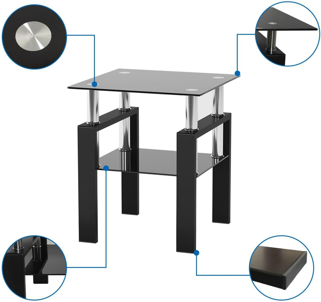 3 Piece Living Room Table Set, Glass Coffee Table and End Table Set of 3, Coffee Table Set with Tempered Glass & Metal Legs for Livingroom Table, Bedroom Nightstand. (Style 1, Black Glass+Black Leg)