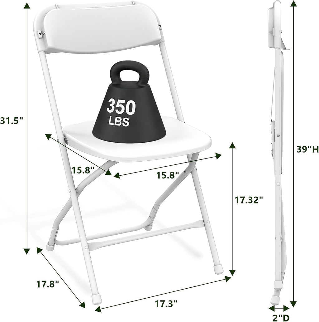Folding Chairs 10 Pack, Outdoor Plastic Sturdy Metal Folding Chairs for Outside Indoor, Portable 350 lbs Capacity Heavy Duty Foldable Commercial Seating for Picnic, Party, Patio, Office, White Color