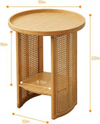 Rattan Coffee Table Round End Table with 2 Layer Storage Bamboo Living Room Side Table for Sofa Bedroom Balcony Small Space