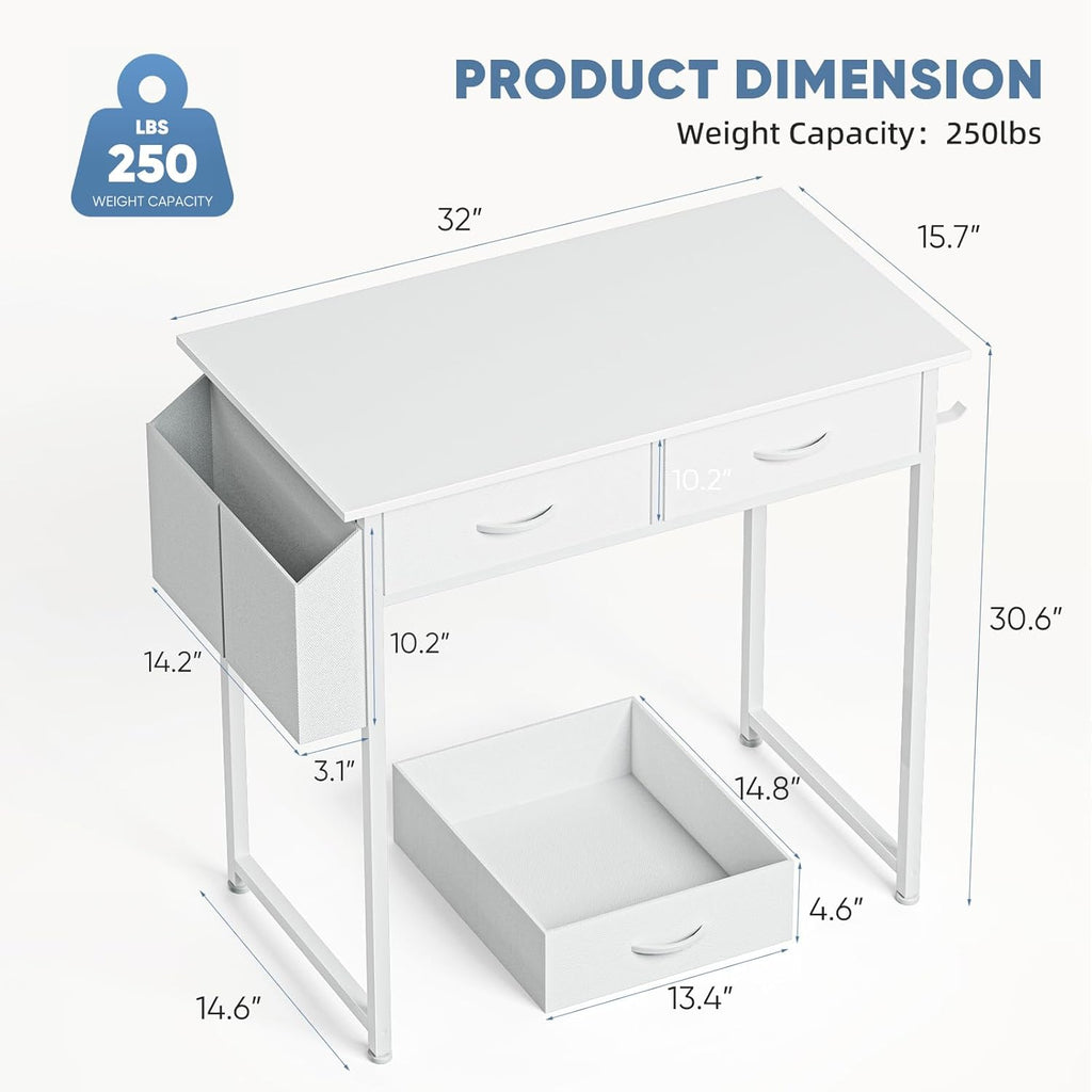32" Small Gaming Desk with Drawers, Home Office Computer Writing Study Table with Storage Side Bag, Headphone Hook, and Adjustable Feet for Bedroom, White