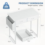 32" Small Gaming Desk with Drawers, Home Office Computer Writing Study Table with Storage Side Bag, Headphone Hook, and Adjustable Feet for Bedroom, White