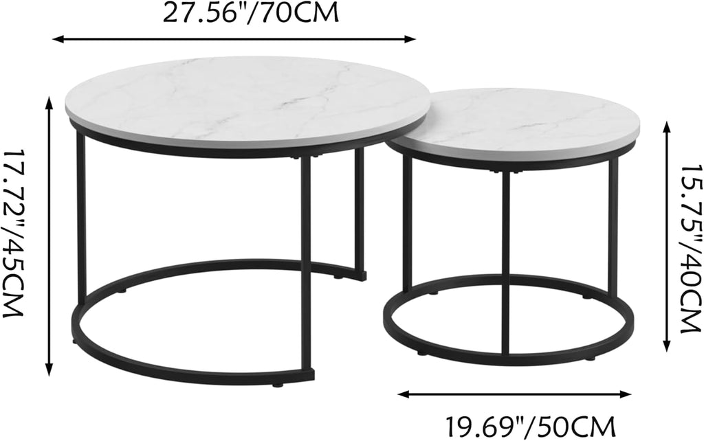 Nesting Coffee Table Set of 2, 27.6 inch Round Side Tables Coffee Table with Wood Marble Pattern Top Sturdy Metal Frame, End Table for Living Room Bedroom Balcony Yard (White B)