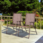 2-Pack Modern Folding Sling Back Deck Chairs in Brown Fabric with Steel Frame & Plastic Feet, 20x24x38in, for Patio Garden Backyard Camping
