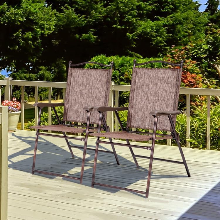 2-Pack Modern Folding Sling Back Deck Chairs in Brown Fabric with Steel Frame & Plastic Feet, 20x24x38in, for Patio Garden Backyard Camping