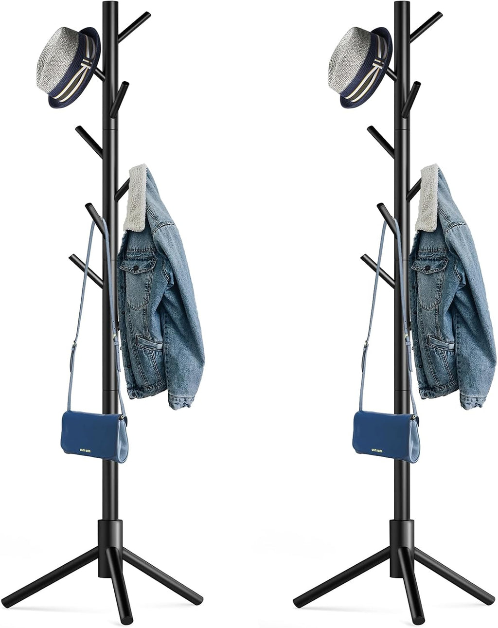 Hupmad Wooden Tree Coat Rack Stand,Sturdy Freestanding Coat Rack with 8 Hooks,3 Adjustable Height for Child Adult,Wood Coat Stand Tree Fits Entryway Bedroom Office for Bags,Hats, 2 Pack