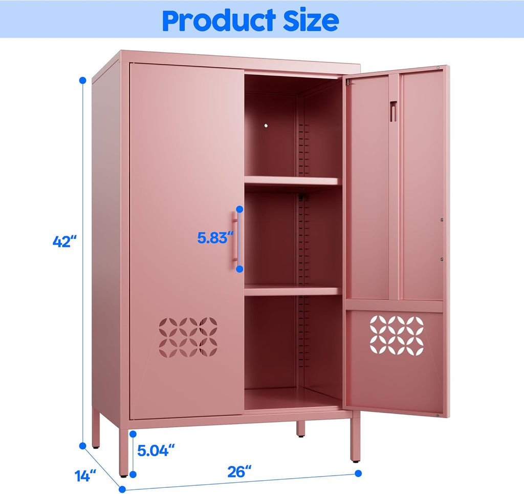 42" H Pink Metal Cabinet with 2 Adjustable Shelves, Metal Coffee Bar & Buffet Sideboard Cabinet with 2 Doors for Home,Dining Room, Kitchen,Assembly Required