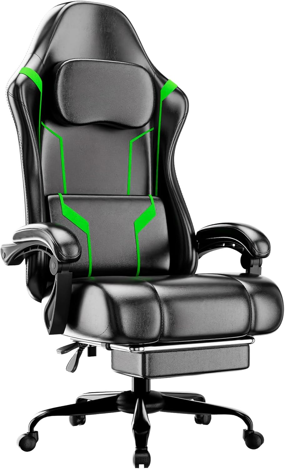 Gaming Chair with Footrest, Ergonomic Gamer Chair with Pocket Spring Cushion and Lumbar Pillow, Video Game Chair for Adults (Black + Green)