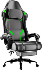 Gaming Chair with Footrest, Ergonomic Gamer Chair with Pocket Spring Cushion and Lumbar Pillow, Video Game Chair for Adults (Black + Green)