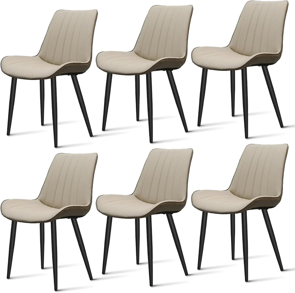 Dining Chairs Set of 6, Leather Modern Kitchen & Dining Room Chairs, Comfortable Upholstered Kitchen Chairs with Metal Legs Armless Side Chairs for Bedroom Restaurant Cafe, Khaki & Dark Grey