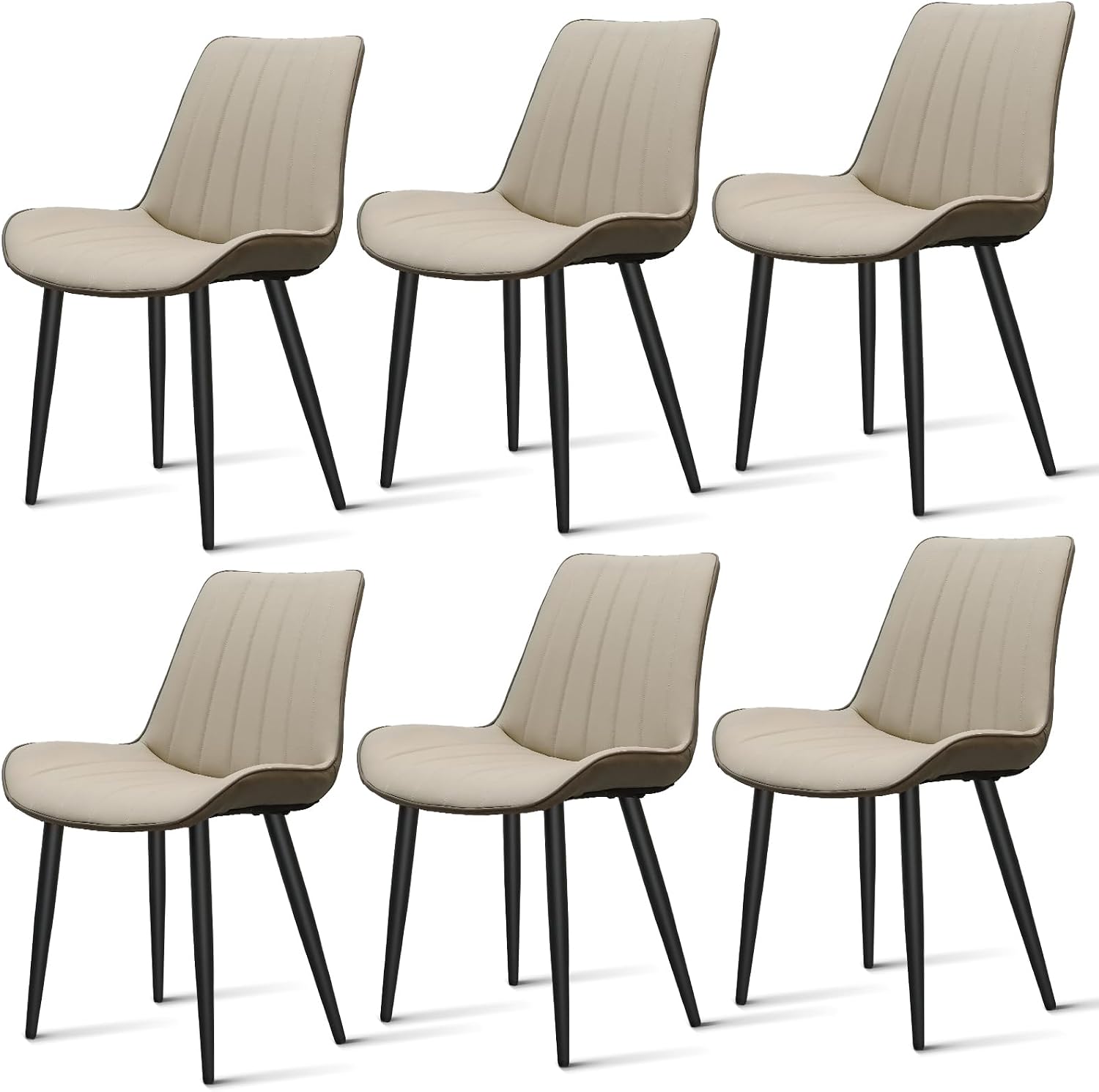 Dining Chairs Set of 6, Leather Modern Kitchen & Dining Room Chairs, Comfortable Upholstered Kitchen Chairs with Metal Legs Armless Side Chairs for Bedroom Restaurant Cafe, Khaki & Dark Grey