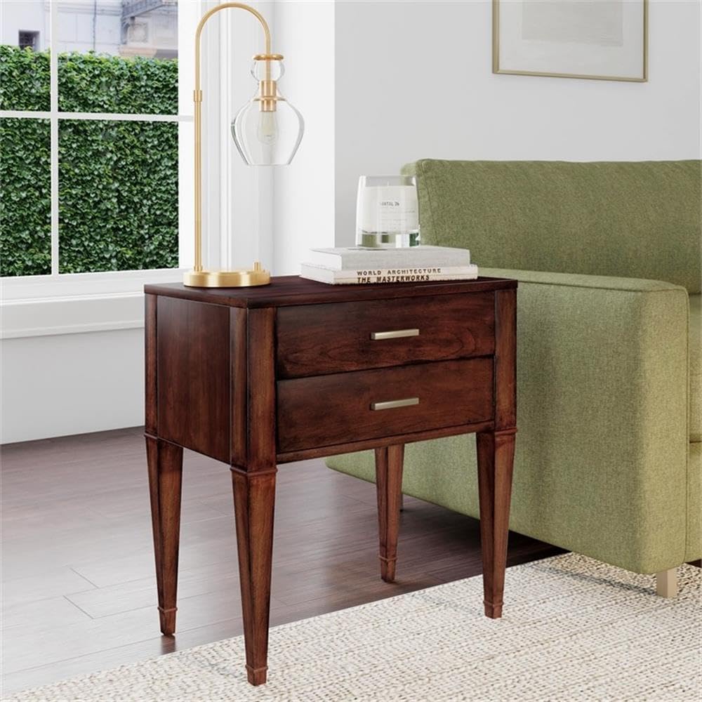 Beaumont Lane Contemporary 2 Drawer End Table, Antique Cherry Finish, 24" W x 16" D x 28" H, Poplar Solids and Veneer, Rectangular Design with Gold Hardware, Living Room or Side Table with Storage