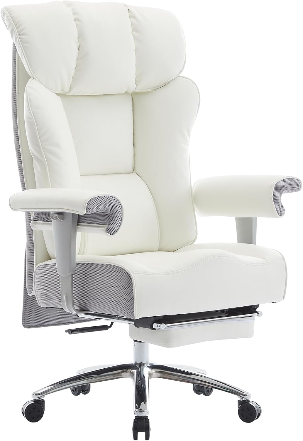 Efomao Big and Tall Executive Office Chair 400lbs - White Desk Chair for Women with Footrest, 24" Wide Ergonomic Pocket Spring Cushion Seat, Heavy Duty Computer Chair for Home Office, Gaming