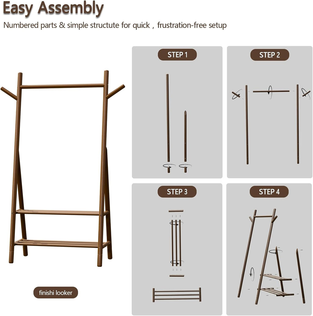 Solid Wood Clothes Rack with 2 Shelves & Hooks, Freestanding Garment Rack & Coat Rack Load 350 Lbs for Hanging Clothes & Organizer, Simple and Practical for Entryway Bedroom 31.5W WALNUT