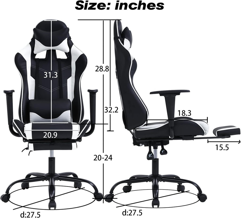 HCB Gaming Chair, Computer Office Chair, Ergonomic Desk Chair Height Adjustable Recliner Swivel High Back with Lumbar Support, Footrest, Headrest, Racing Style （White）