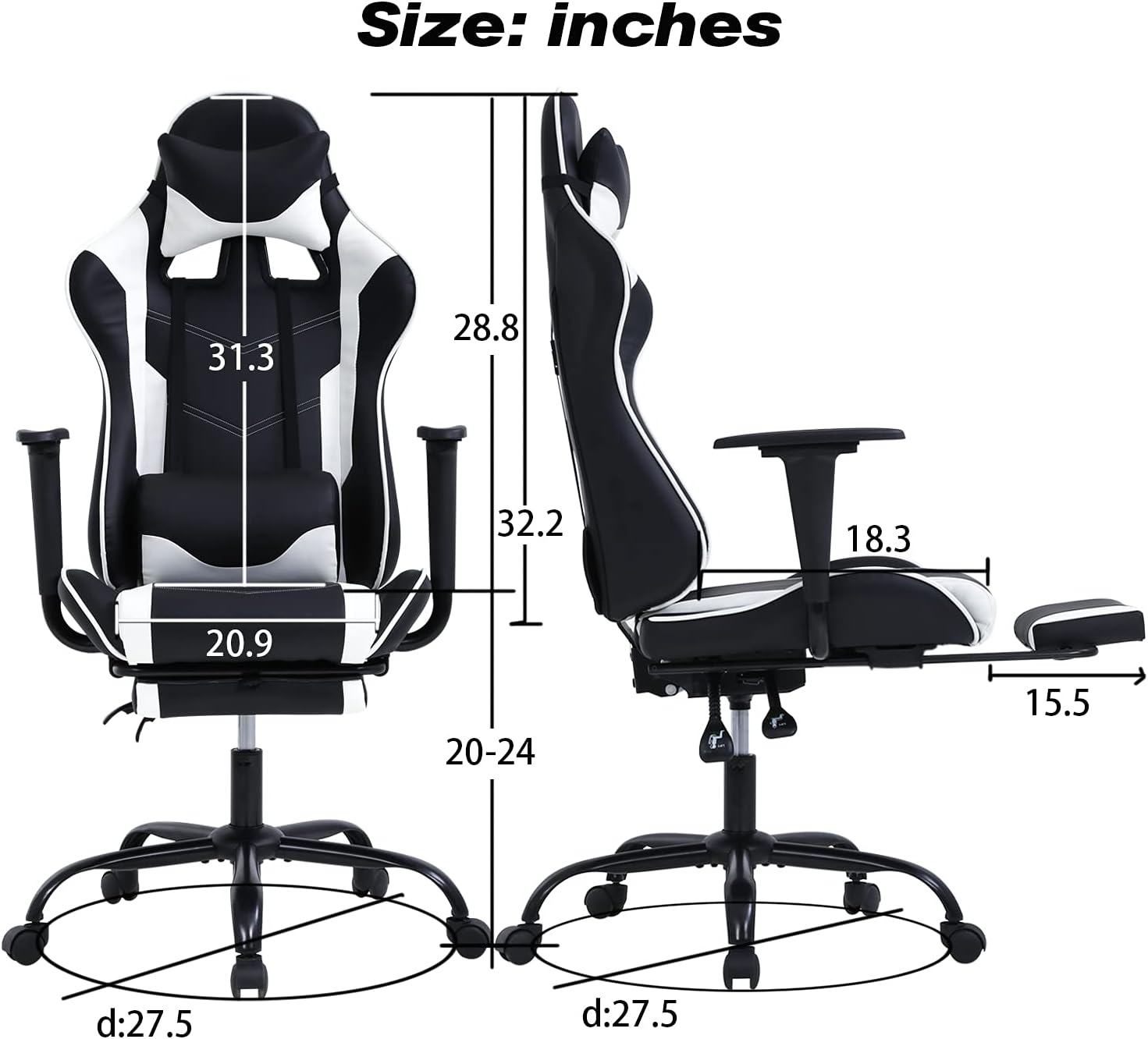 HCB Gaming Chair, Computer Office Chair, Ergonomic Desk Chair Height Adjustable Recliner Swivel High Back with Lumbar Support, Footrest, Headrest, Racing Style （White）