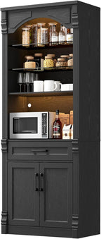 Rresyet 70.9" Tall Kitchen Pantry Storage Cabinet, Modern Kitchen Hutch Bar Cabinet with Lights, Freestanding Food Pantry with Adjustable Shelves and Drawer (Black)