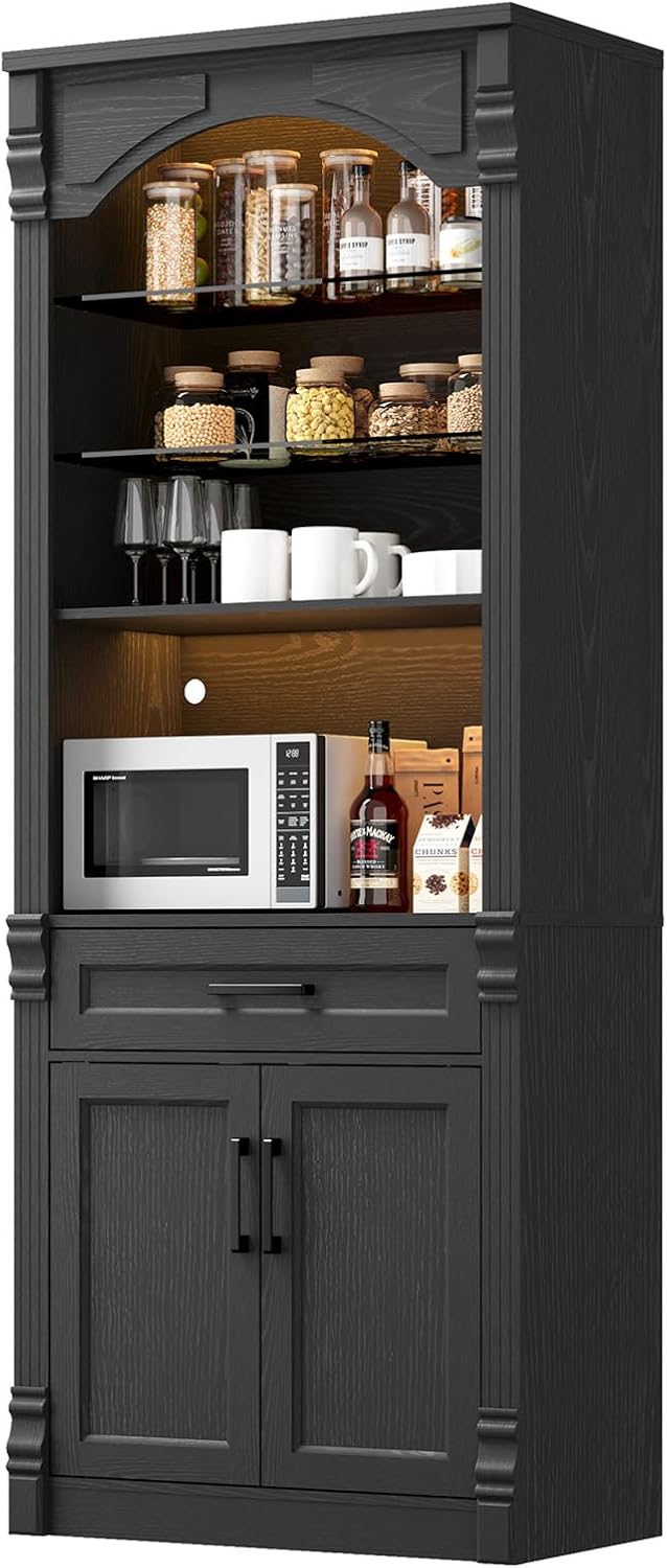 Rresyet 70.9" Tall Kitchen Pantry Storage Cabinet, Modern Kitchen Hutch Bar Cabinet with Lights, Freestanding Food Pantry with Adjustable Shelves and Drawer (Black)