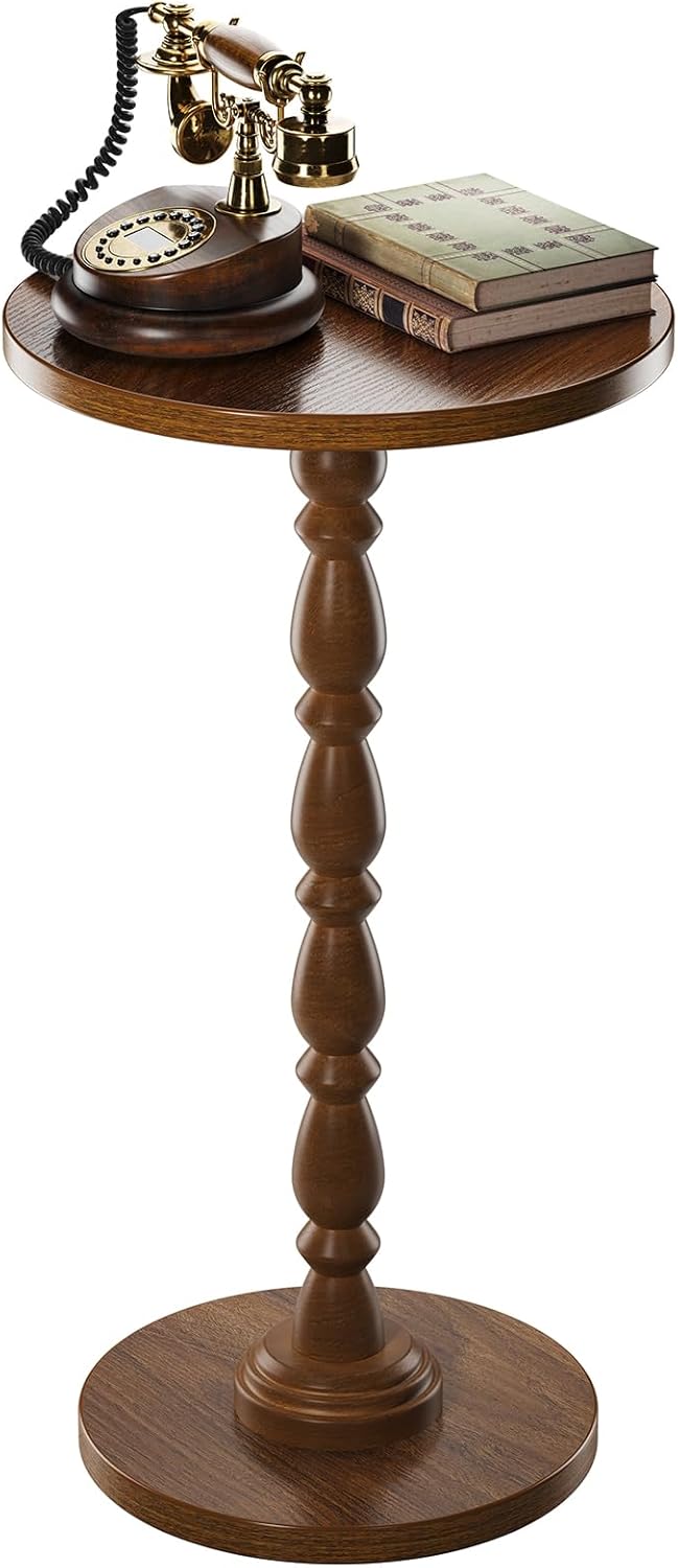 Small Round Side Table - End Tables for Living Room, Vintage Accent Drink Table for Small Spaces, Bedroom, Corner, Solid Wood Couch Side Tables with Wooden Pedestal, Modern Nightstand, Walnut
