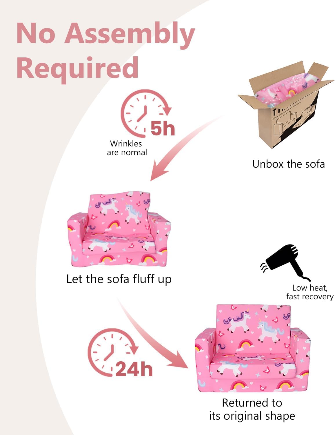 TinyPalsa Foldable Toddler Couch, 30% More Firmness, 2-in-1 Comfy Sofa & Lounger for 3+ Years Old Girls Boys, Space Saving & Easy to Clean Kids Chair for Reading, Playroom (Pink Magical Pony)