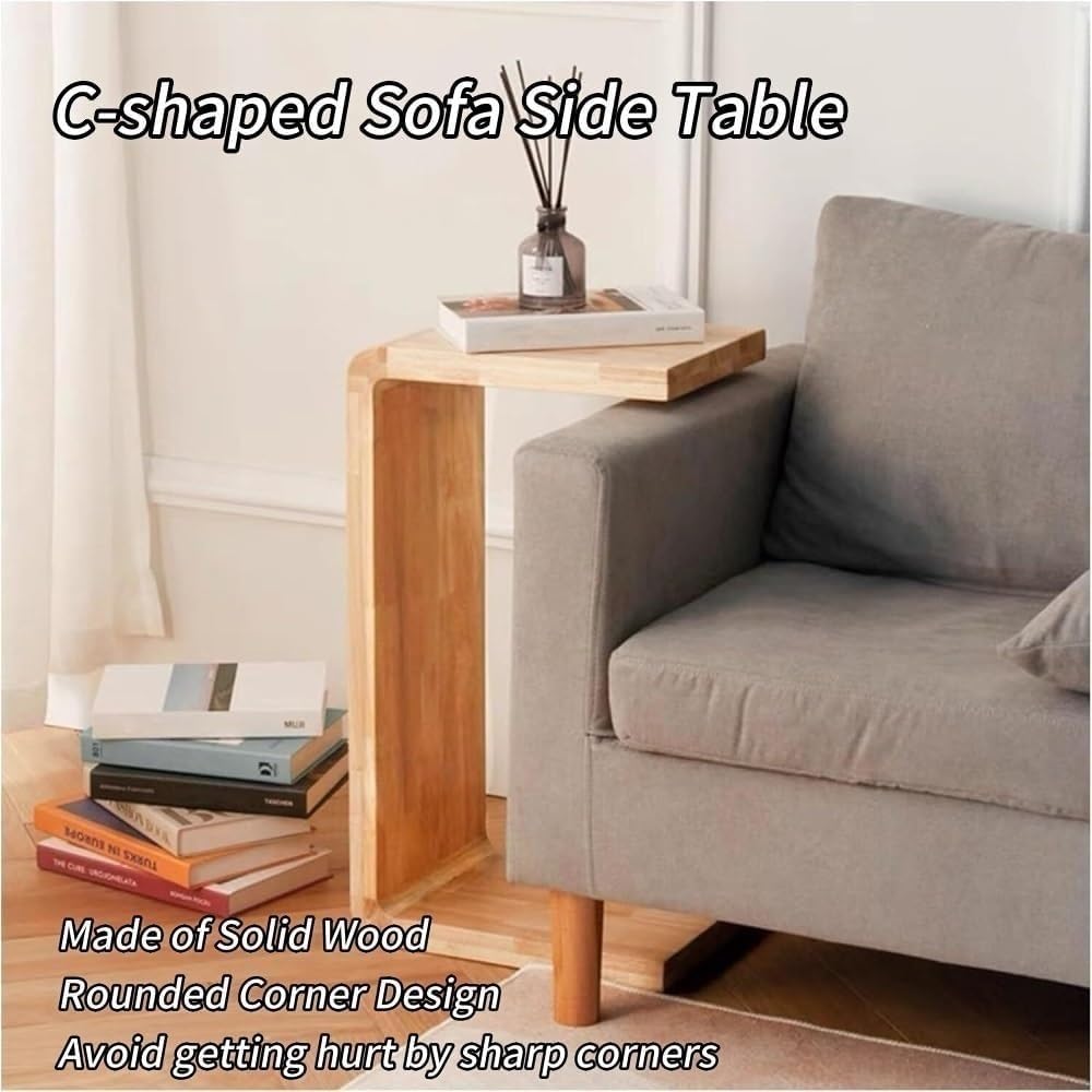 C Shaped End Table - Solid Wood Sofa Side Tables for Living Room & Home Office, Practical Laptop Desk and TV Tray