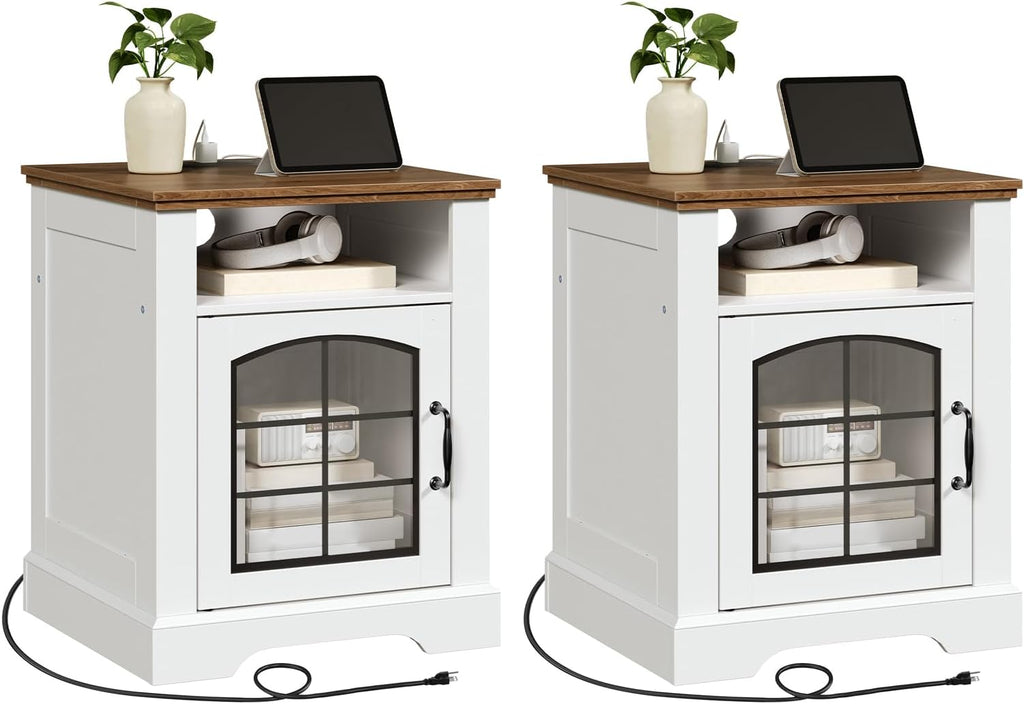 HOOBRO Farmhouse End Tables Set of 2 for Living Room, 17.7" Wide Nightstands with Charging Station, Wooden Sofa Side Tables with Tempered Glass Barn Door and Open Shelf, White and Walnut