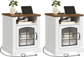 HOOBRO Farmhouse End Tables Set of 2 for Living Room, 17.7" Wide Nightstands with Charging Station, Wooden Sofa Side Tables with Tempered Glass Barn Door and Open Shelf, White and Walnut
