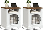HOOBRO Farmhouse End Tables Set of 2 for Living Room, 17.7" Wide Nightstands with Charging Station, Wooden Sofa Side Tables with Tempered Glass Barn Door and Open Shelf, White and Walnut