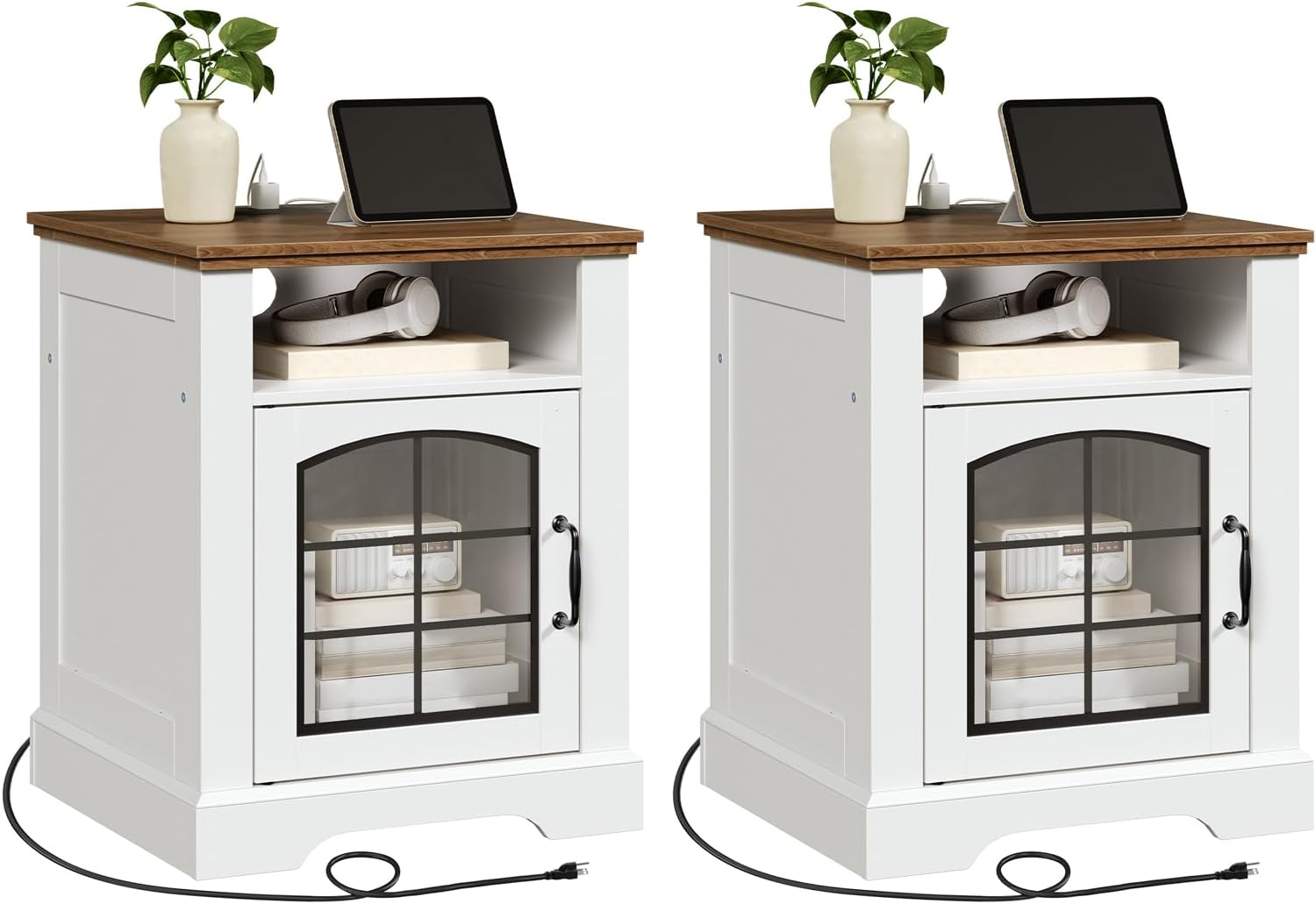 HOOBRO Farmhouse End Tables Set of 2 for Living Room, 17.7" Wide Nightstands with Charging Station, Wooden Sofa Side Tables with Tempered Glass Barn Door and Open Shelf, White and Walnut