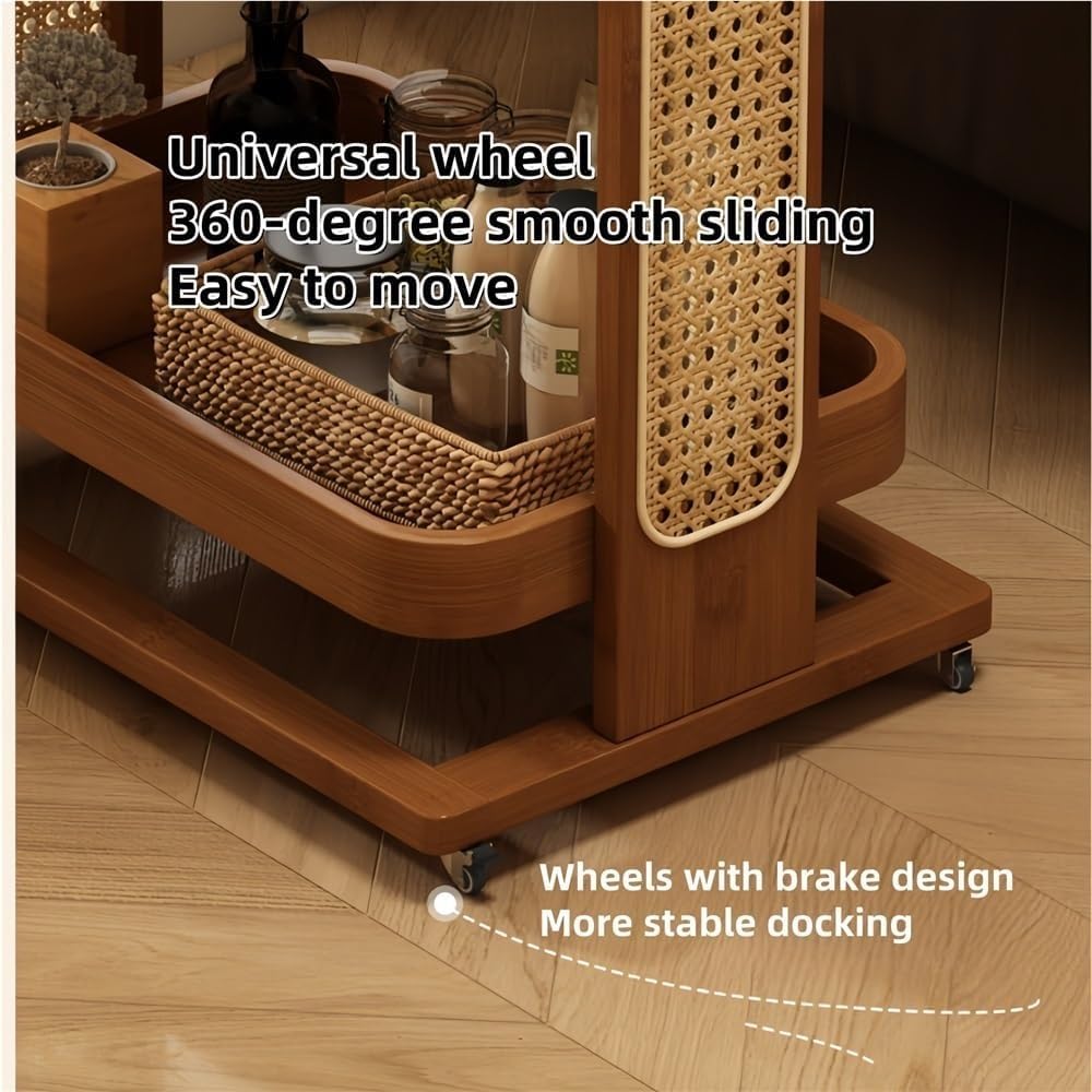Rolling Sofa Table with Wheels Bamboo Rattan 2/3 Tier End Table Slim Rolling Cart for Kitchen Room Living Room Lightweight(Natural,L)