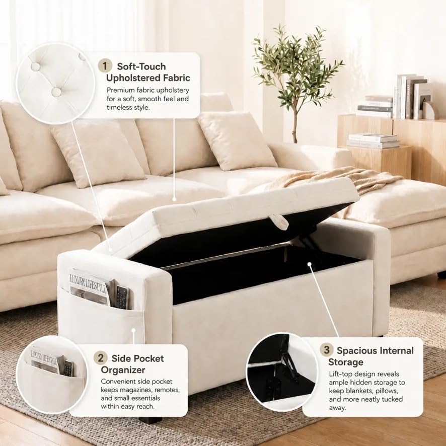 Storage Ottoman Bench for Bedroom, End of Bed Bench with Hidden Storage, Upholstered Tufted Linen Ottoman with Safety Hinge, Bedroom Bench with Storage, 43 Inch, 350lb, Linen Beige