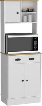 Kitchen Pantry 67" H, Two Cabinets, Three Doors, Two Open Shelves, One Drawer, Microwave Storage Option, White, Macadamia,23.62 * 13.78 * 66.54