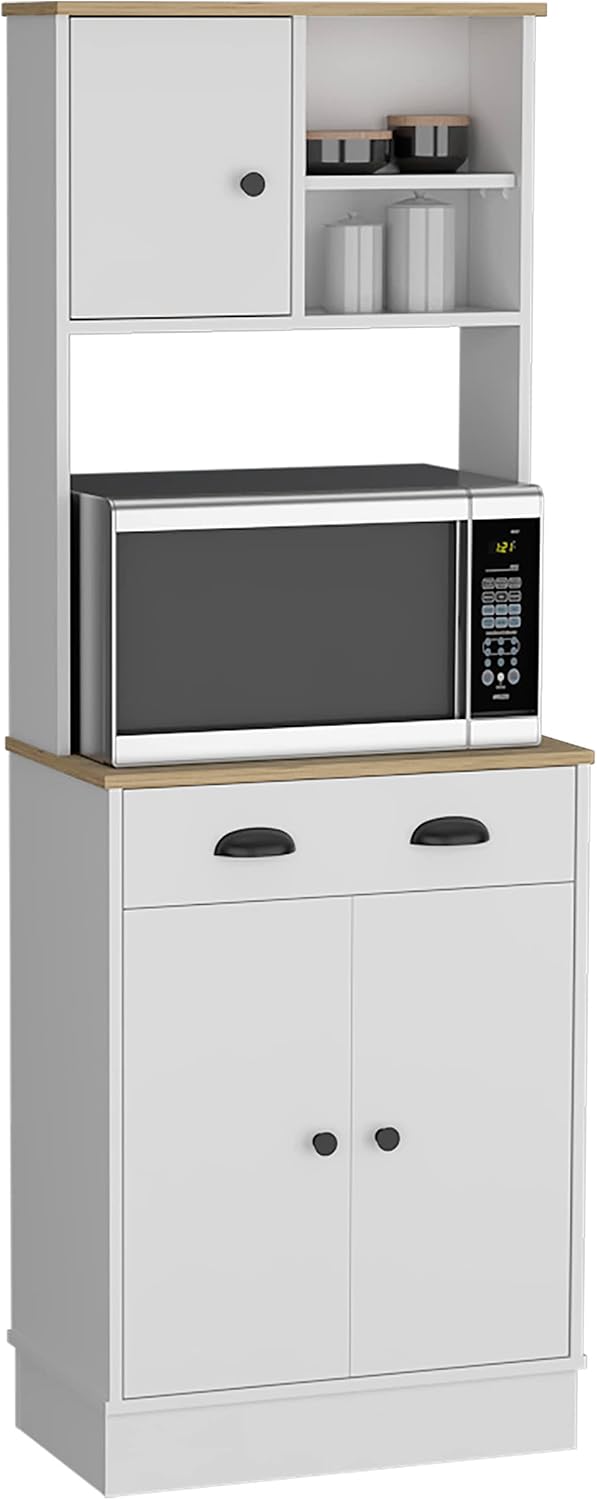Kitchen Pantry 67" H, Two Cabinets, Three Doors, Two Open Shelves, One Drawer, Microwave Storage Option, White, Macadamia,23.62 * 13.78 * 66.54