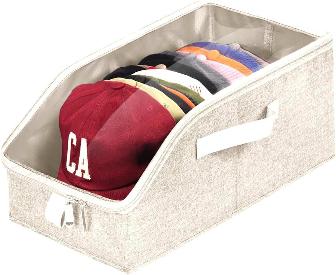 Livelab Hat Organizer for Baseball Caps, Hat Storage Holder Container for Closet Hold Up to 12 Caps with Clear Window, Hat Boxes for Home Storage | 2Pcs Beige