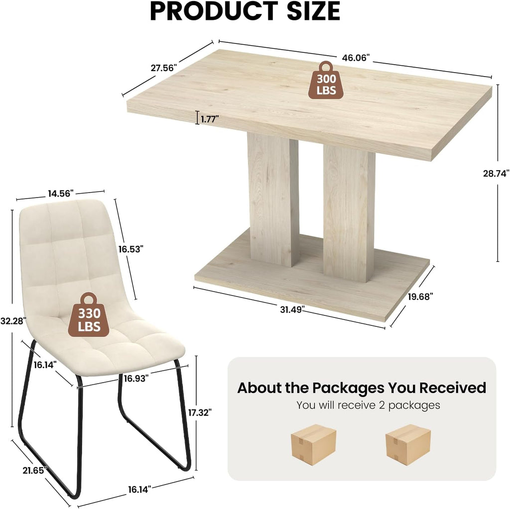 Modern 5-Piece Dining Table Set for 4, 46" Pedestal Dining Room Table with 4 Leather Chairs, Small Space Saving Kitchen Table Set, Natural Wood Finish Rectangle Table for Home & Apartment