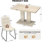 Modern 5-Piece Dining Table Set for 4, 46" Pedestal Dining Room Table with 4 Leather Chairs, Small Space Saving Kitchen Table Set, Natural Wood Finish Rectangle Table for Home & Apartment