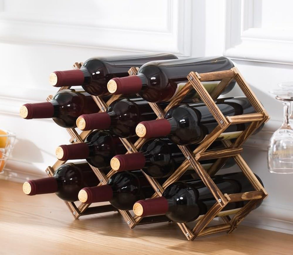 Foldable Wooden Wine Rack, 10-Bottle Expandable Countertop Wine Holder with 8 Individual Slots and Top Storage, Carbonized Pine, No Assembly Required